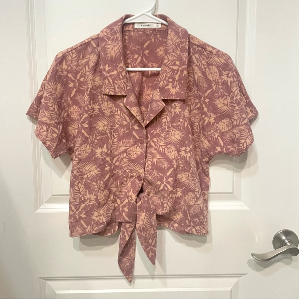 pink floral Hawaii button down shirt with tie on the bottom crop top